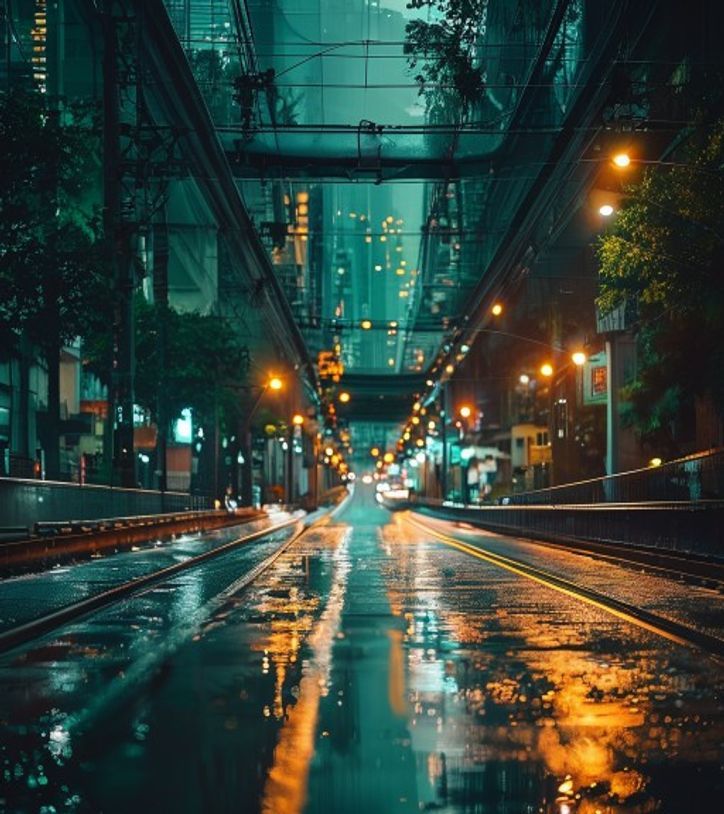 Evening street in Bangkok beneath an elevated rail line