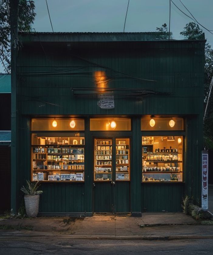 Cannabis dispensary storefront at dusk on a Bangkok street, dark green facade with warm golden light