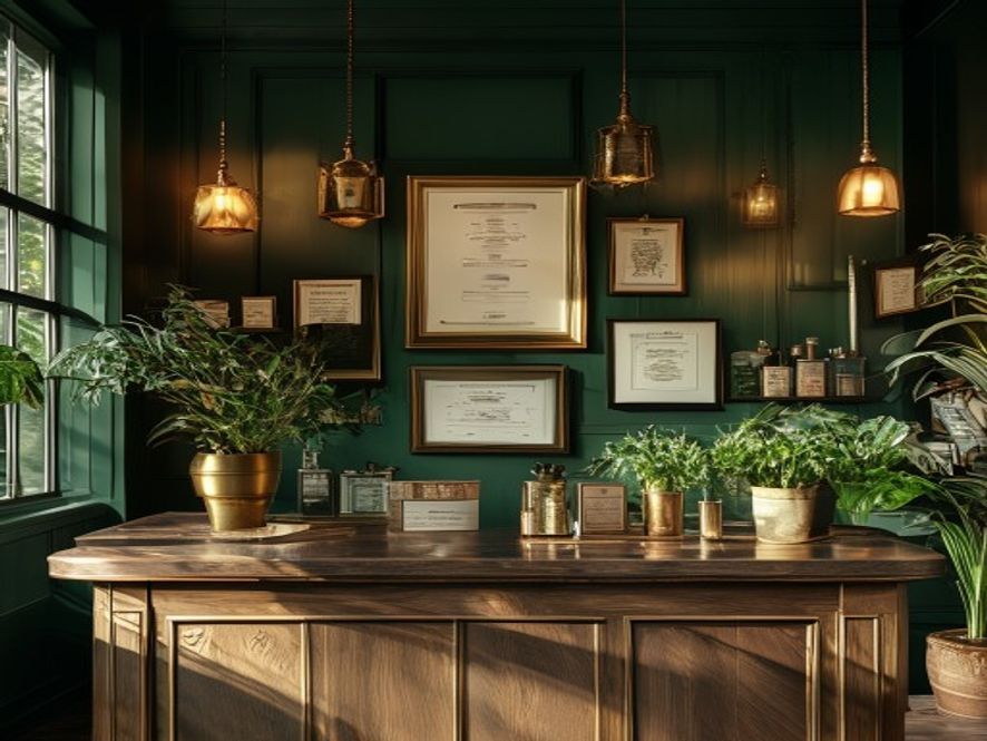 Consultation counter inside a licensed dispensary, dark green walls with framed certificates